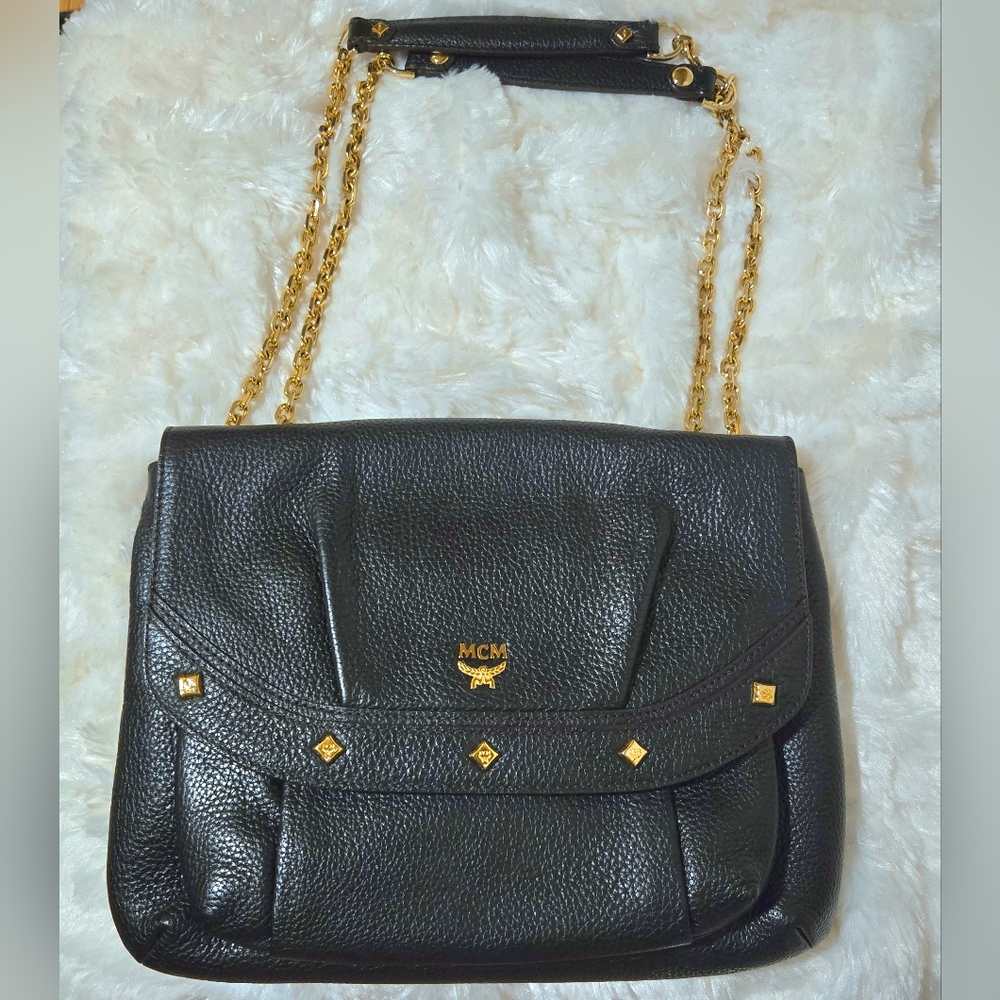 MCM Black Leather Shoulder Bag with Gold Accents with COA